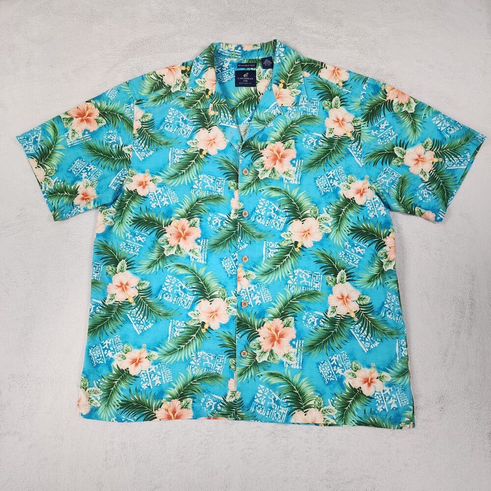 Caribbean Joe Men's XXL 100% Silk Hawaiian Camp Shirt Blue Hibiscus Floral